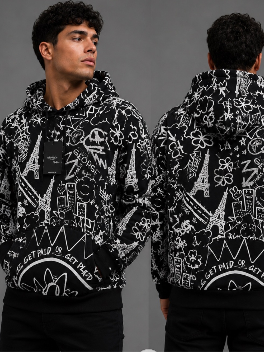 George V Paris Black & White Graphic Mens Rhinestone Hoodie
